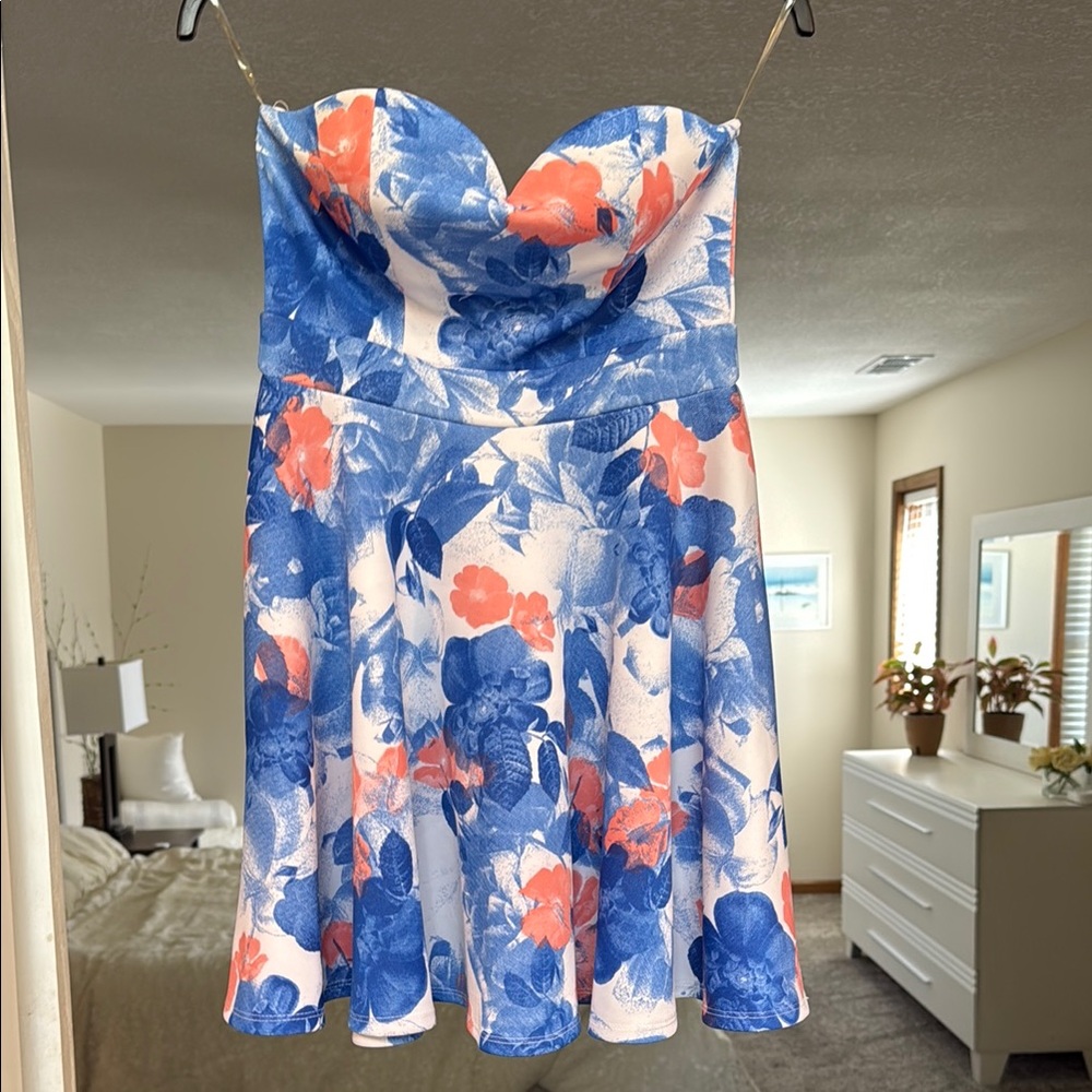 Floral Strapless Dress in Blue and Coral